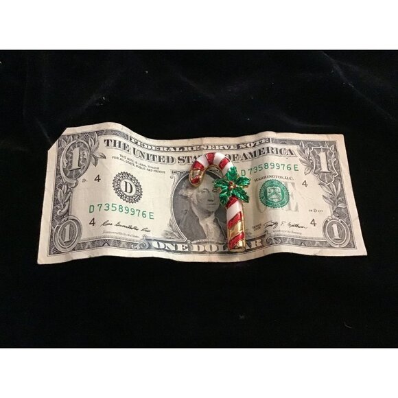 Vintage AAi Gold-Tone Enamel Christmas Candy Cane with Holly leaves  Signed - Picture 2 of 10